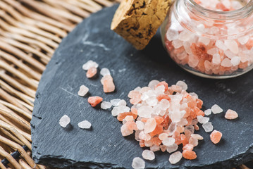 Himalaya salt on slate plate - in glass