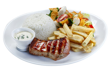 Grilled pork with fries and vegetables