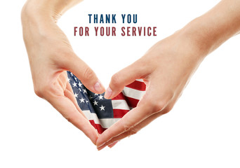 Text Thank You For Your Service and USA flag in hands, USA National holiday concept