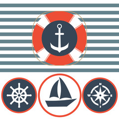 Nautical icon set. Anchor, lifebuoy, ship steering wheel