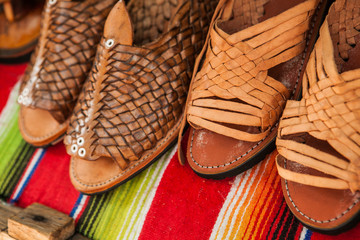 Handmade shoes made of leather in Mexican market