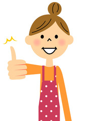 エプロンの女性　サムズアップ サムズアップ