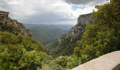 Panoramic view of Llobregat river valley from Montserrat Abbey,