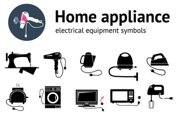 Electrical appliance with plug, equipment icon set. Hairdryer, iron, mixer, cleaner, microwave, sewing machine, toaster, computer, camera, cooler, kettle symbols. Vector - 102098249