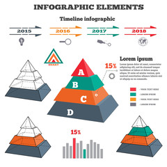 Infographics elements. Pyramid solid chart. 3D perspective pyramid views, timeline with icons. Four options. Vector illustration.  - 102098280