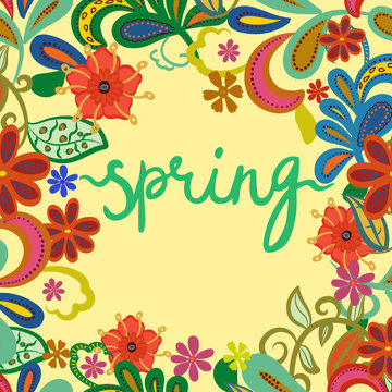 Greeting card, invitation, banner, print. Frame with text "spring" on floral background