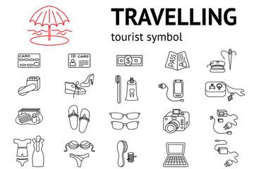 Set of line travel icons. Tourism, trip, vacation accessories symbol. Icons for travaling memo, instruction. Vector isolated