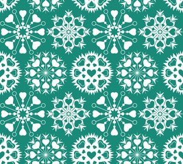 Heart snowflake seamless pattern. Christmas, Valentine, birthday, winter texture. White ornament on turquoise background. Vector