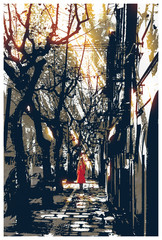 woman in red coat standing on pathway in city park,illustration painting © grandfailure