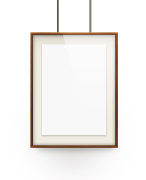 Poster mock up in the wooden frame isolated on white background.