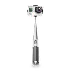Monopod with action camera for selfie photo and video isolated.