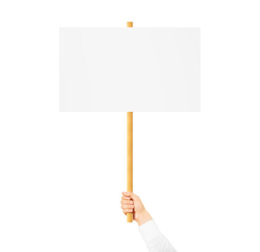 Hand holding blank banner mock up on wood stick isolated. 