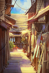 Obraz premium wooden village pathway,illustration painting