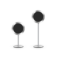 Modern speakers stand isolated on white. Sound system with two speakers.
