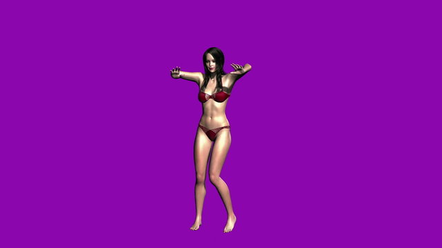 Girl in red bikini dancing on pink background, animated character