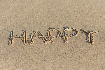 Inscription Happy on sandy beach