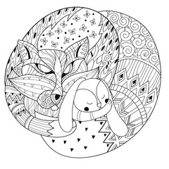 Hand drawn doodle outline fox sleeping decorated with ornaments.Vector zentangle illustration.Floral ornament.Sketch for tattoo or coloring pages.Boho style. - 102102219