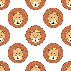 Lion head seamless pattern. Cute animal vector background. Child drawing style lion king.