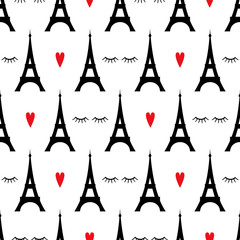 Tour Eiffel with red hearts and closed eyes seamless pattern. Paris symbols vector illustration. Romantic travel in Paris.