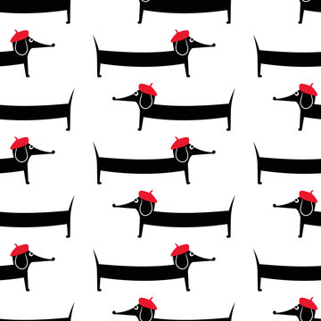 Cartoon dog seamless pattern. Cute parisian dachshund vector illustration. Child drawing style puppy background. French style dressed dog with red beret.