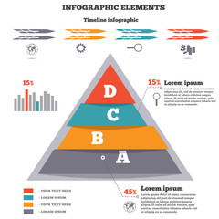 Infographics elements. Pyramid chart, timeline diagram, icons. Banner with four options. Disbalance, instability, moving symbol. Red, turquoise, orange and gray colors. Vector