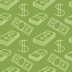 Currency seamless pattern. Dollar sign background. Texture with USD paper money symbols. Light line objects. Green colored. Vector