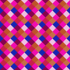 Seamless geometric pattern. Diagonal square, braiding, woven line background. Motley cold, brigth, variegated, baby, festival, clown, kitsch, holiday colored. Rhomb figure texture. Vector