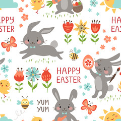 Cute Easter seamless pattern on white background.