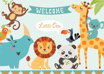 Peel and stick wall murals Nursery Baby shower design with cute jungle animals. Vector is cropped with Clipping Mask.