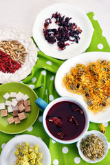 Cup of tea with aromatic dry tea on wooden background