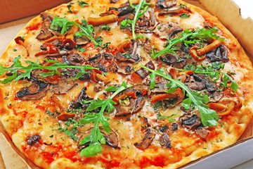 Tasty fresh pizza in carton box, close up