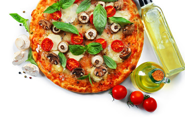Delicious pizza and vegetables on white background, close up
