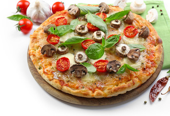 Delicious pizza and fresh vegetables on white background, close up