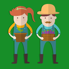 Farmer man and woman with Eggplant basket and Potted seedlings