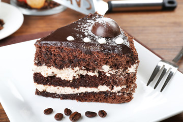 Piece of chocolate cake in white plate closeup
