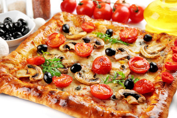 Freshly homemade pizza on white background