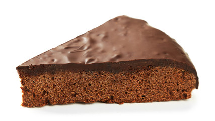 Piece of frosting chocolate cake, isolated on white