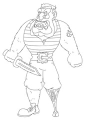 Illustration cartoon evil pirate with a sword on a wooden leg
