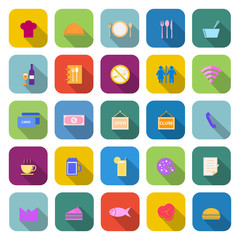 Restaurant color icons with long shadow