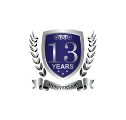 13 anniversary with blue silver shield star wreath and ribbon