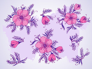 Vector set of hand drawn flowers, branches and leaves on textured background.