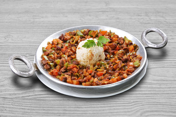 Turkish stew/meal with meat and rice, sacta pilavla beraber türlü