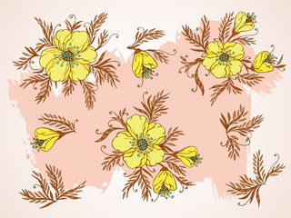 Vector set of hand drawn flowers, branches and leaves on textured background.