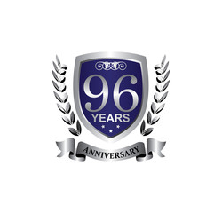 96 anniversary with blue silver shield star wreath and ribbon
