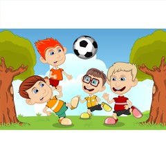 Children playing soccer at the street cartoon