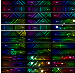 Glowing shapes on dark background. Vector set of black headers with light effects