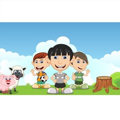 Children playing in the park with pig and sheep cartoon vector illustration