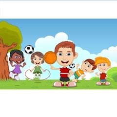 Obraz na płótnie Canvas Children playing basketball, jumping rope, soccer in the park cartoon vector illustration