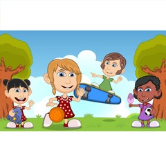 Children playing skateboard, basketball, soccer, eating ice cream in the park cartoon