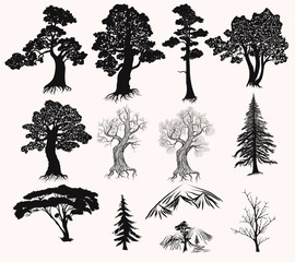 Vector set of hand drawn trees silhouettes for design